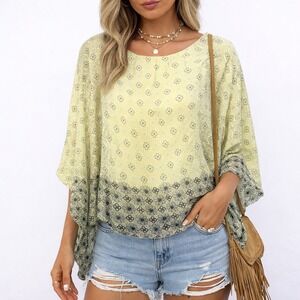 Made in Italy Silk Blend Floral Poncho Top Yellow Pastel Boho Cottagecore Medium